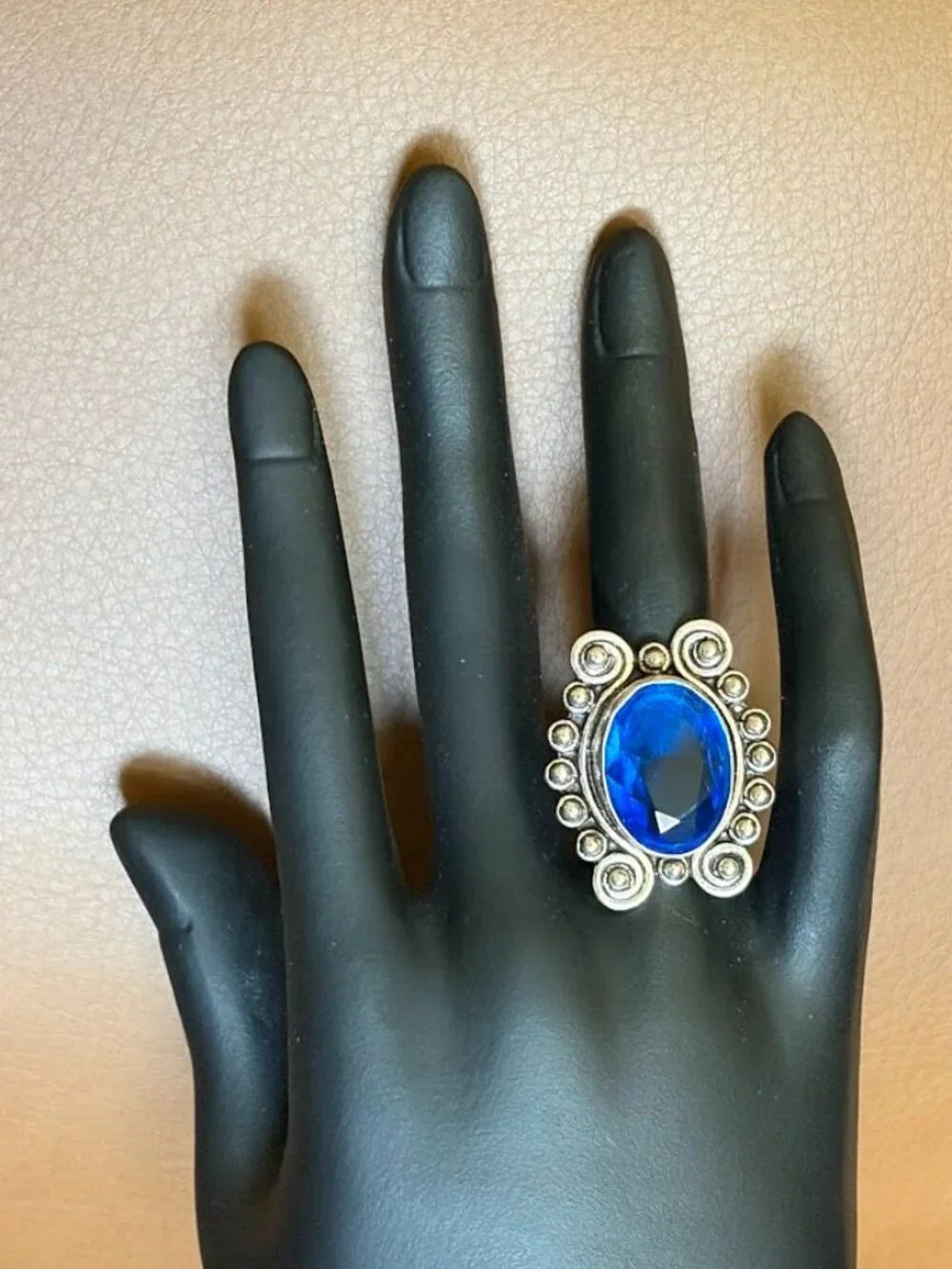 Simulated Electric Blue Oval Stone Statement Ring 925 Silver Plated - Size 6.75